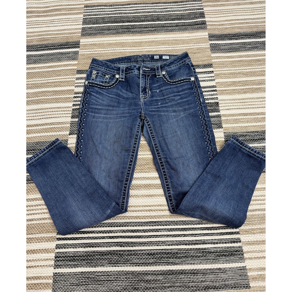 Miss Me Slim Boyfriend Ankle Jeans Women's 26 Blue Medium Wash Embroidered Trim